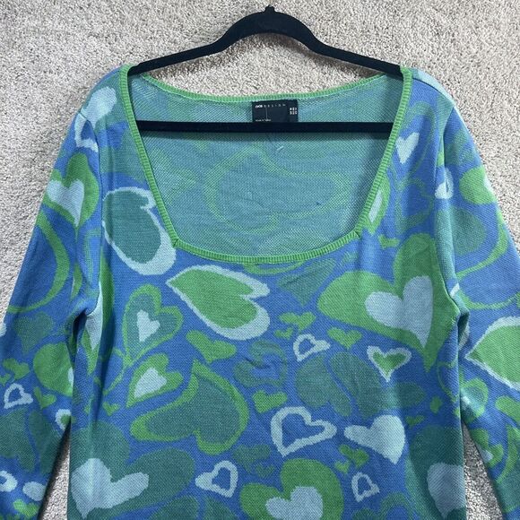Asos Square Neck Sweater Women's 14 Blue Bold Heart Print Knit Pullover Top - Picture 6 of 13